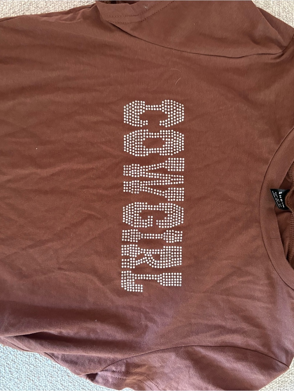 SHEIN Brown Crop Top with Rhinestone 'COWGIRL' Accent